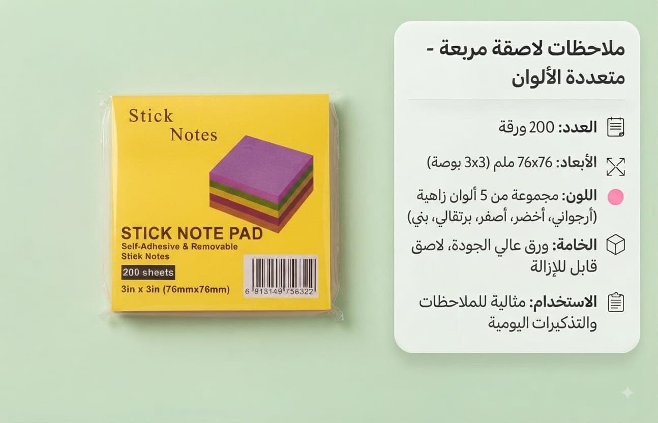 بلوك ورق لاصق ملون 76×76 مم - 200 ورقة - 1